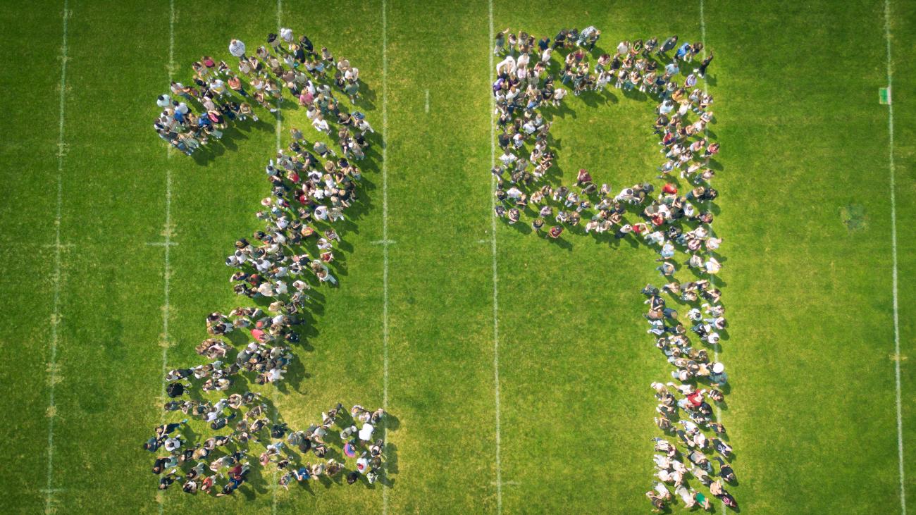 Photo of the class of 2029 on the football field.