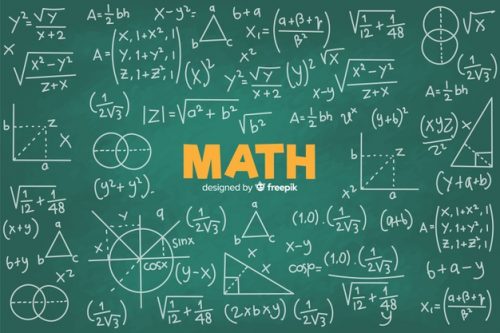 A lot of general math formulas on a chalkboard.