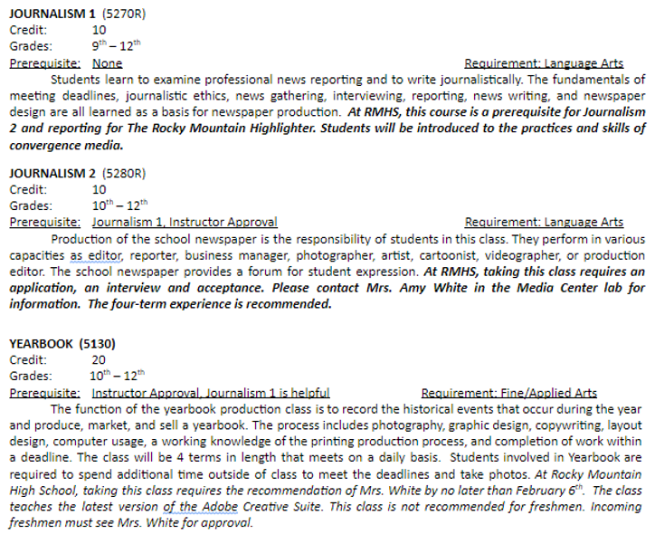 Description of Journalism 1 and 2 and Yearbook classes